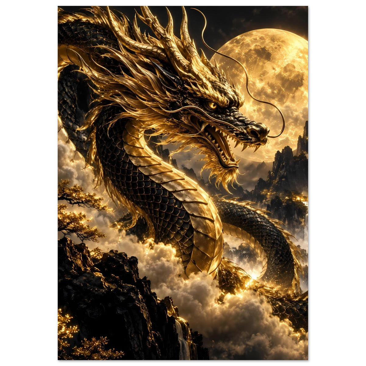 Poster mit goldenem Drache über Wolken, großer Vollmond und Kopf im Vordergrund