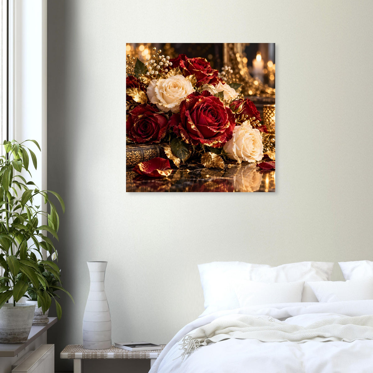 Rosenstrauß-Poster im schwarzen Rahmen mit cremeweißen und bordeauxroten Rosen, umgeben von glitzernden Lichtern.