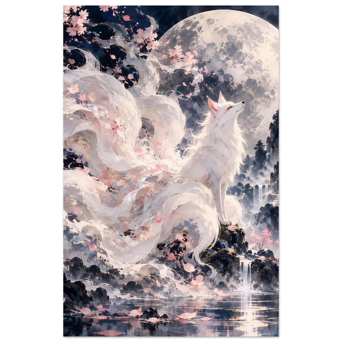 Fantasy-Poster im Hochformat: weißer Fuchs vor Vollmond und Kirschblüten