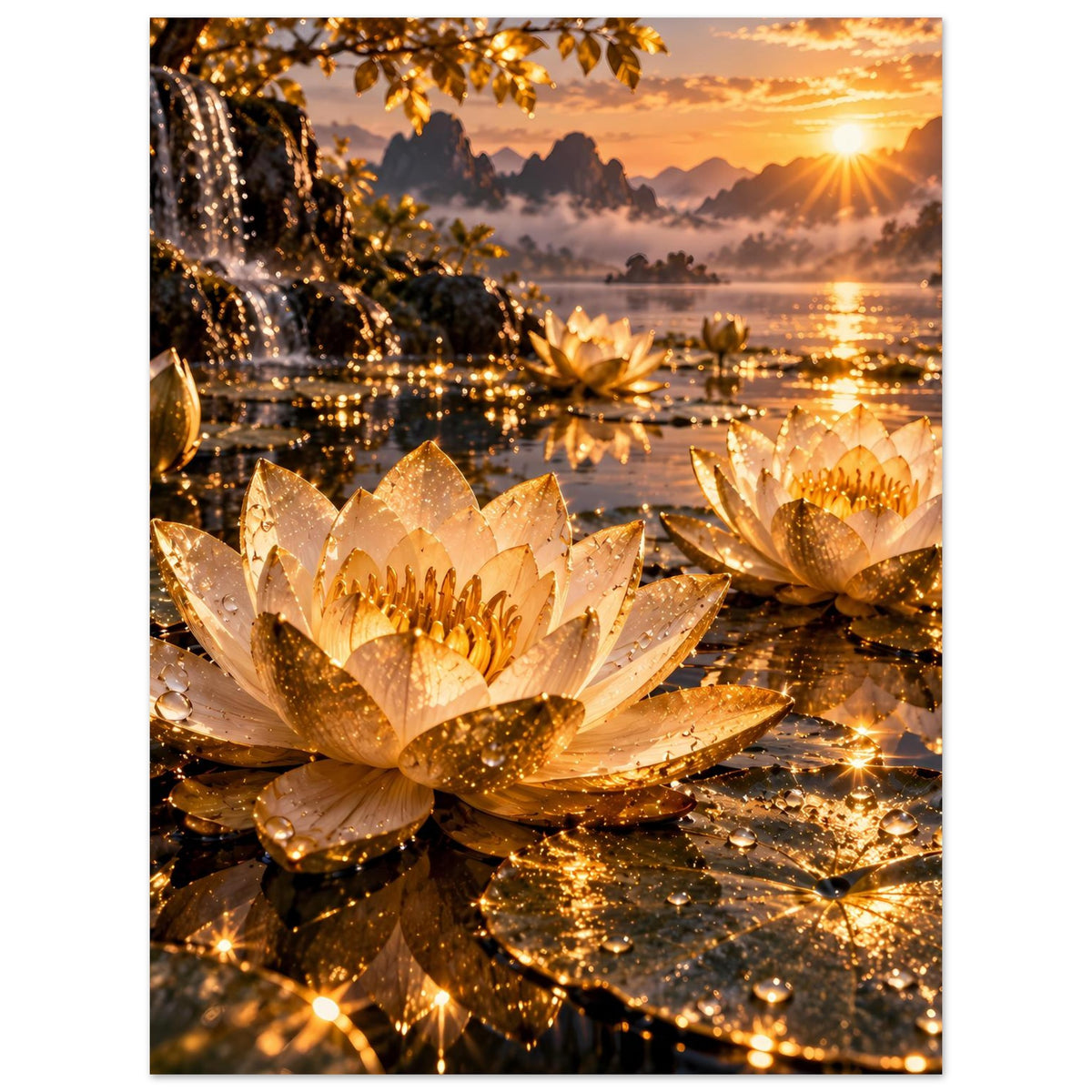 Lotus-Poster: große goldene Blüten, funkelnde Lichter und warmer Sonnenuntergang