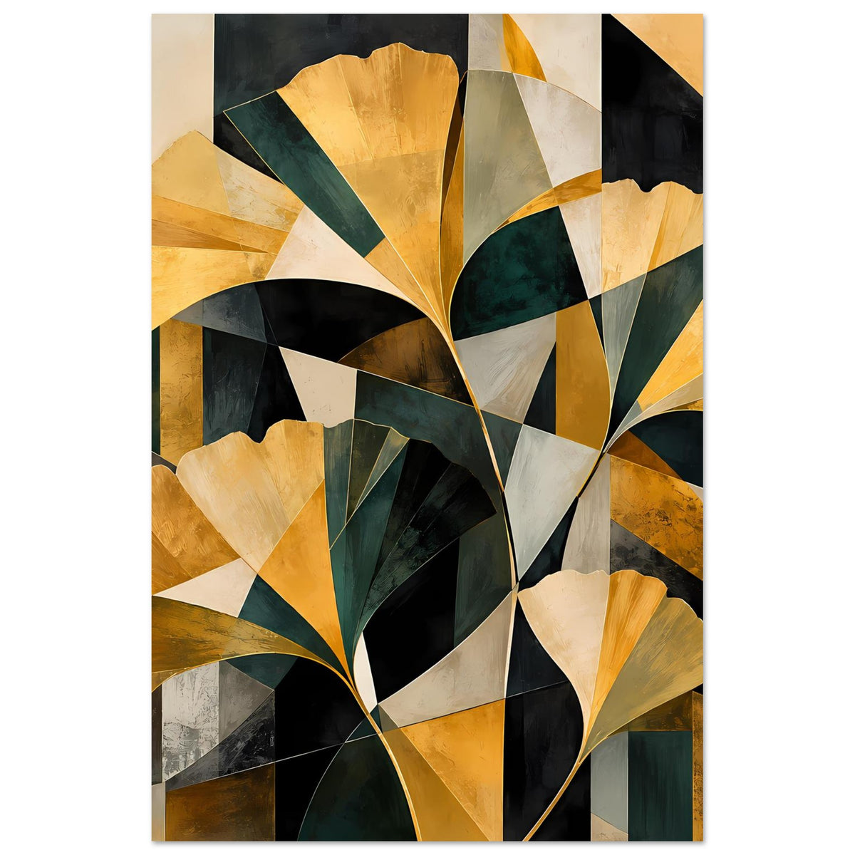Abstraktes Floral-Poster im Hochformat mit goldenen Blüten, tiefgrünen Akzenten und weißen Flächen