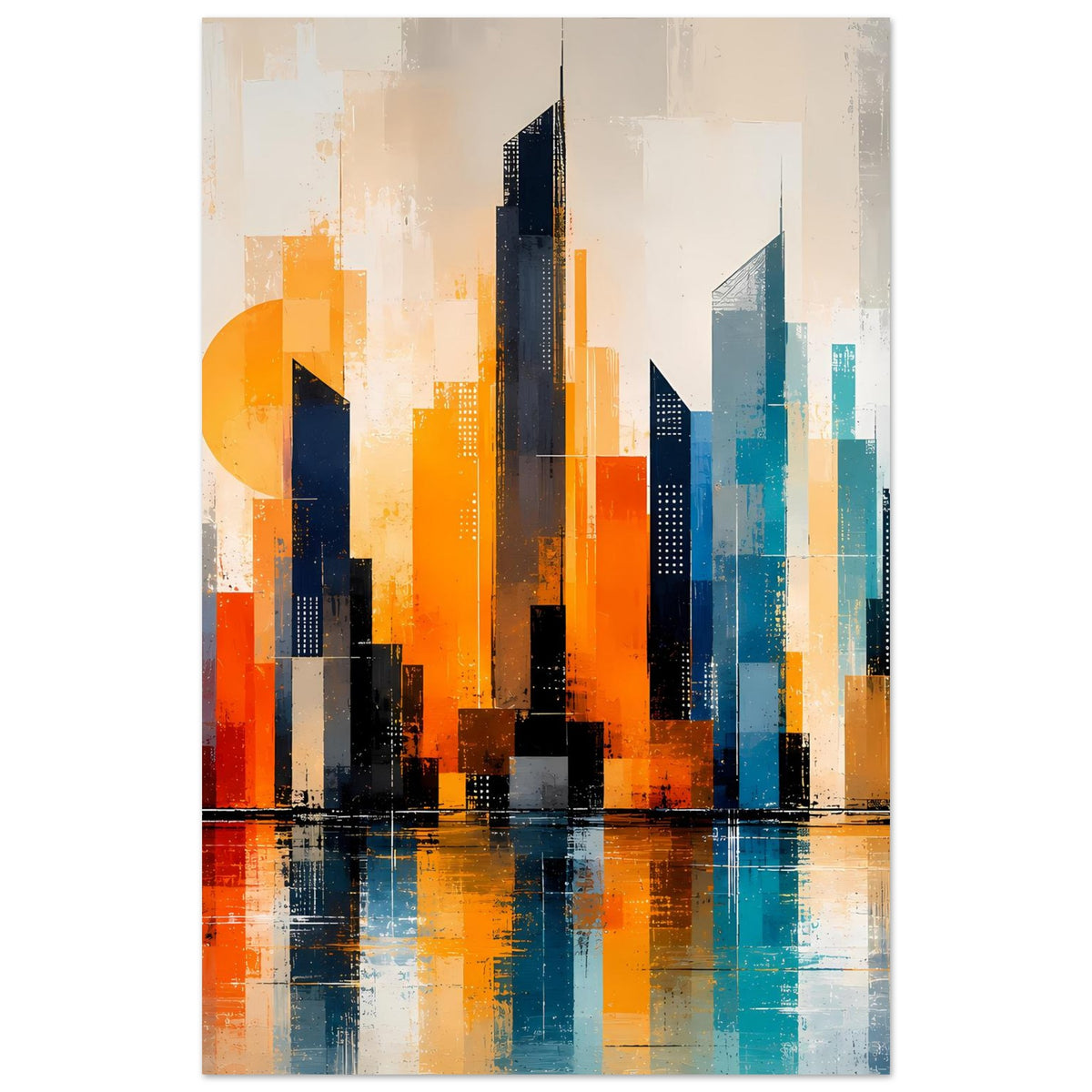 Stadtposter mit abstrakter Skyline in Orange und Türkis, aufrecht, zentrierte Türme