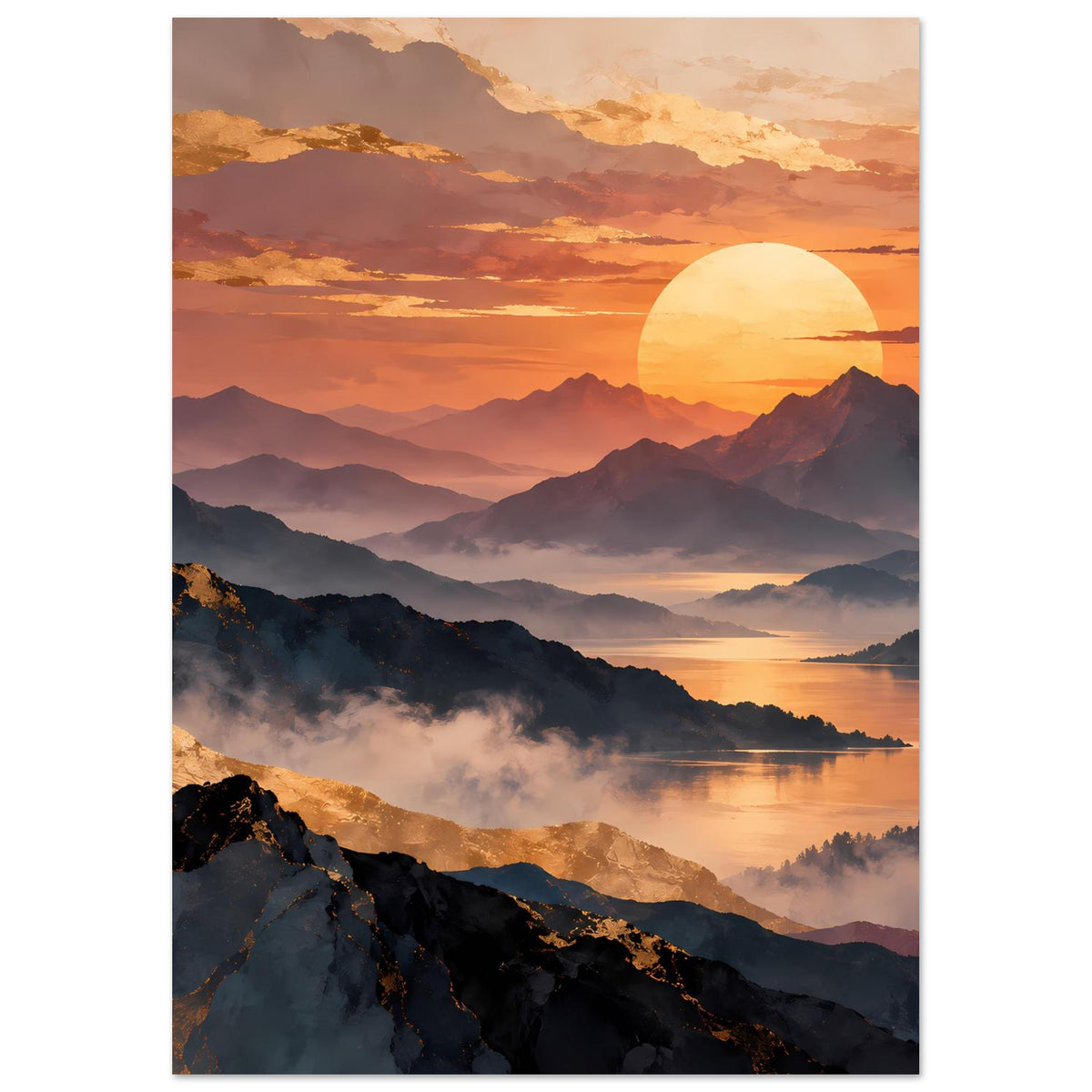 Gerahmtes Sonnenuntergangsposter mit Berglandschaft, großer Sonne und Nebel über dem Wasser, vertikal