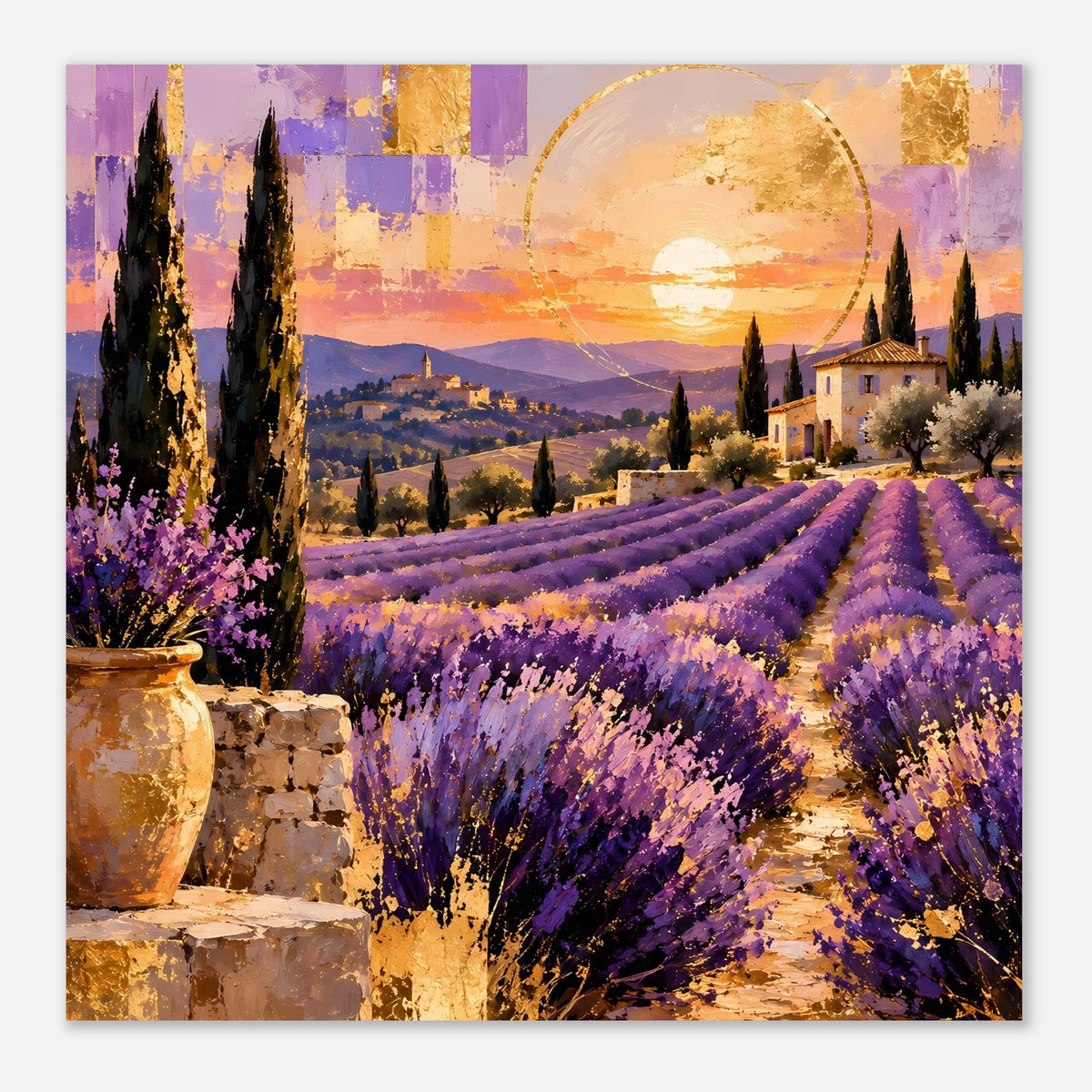 Nahansicht: Wandposter mit Lavendelfeld, goldenem Sonnenkreis und violetten Blütenreihen