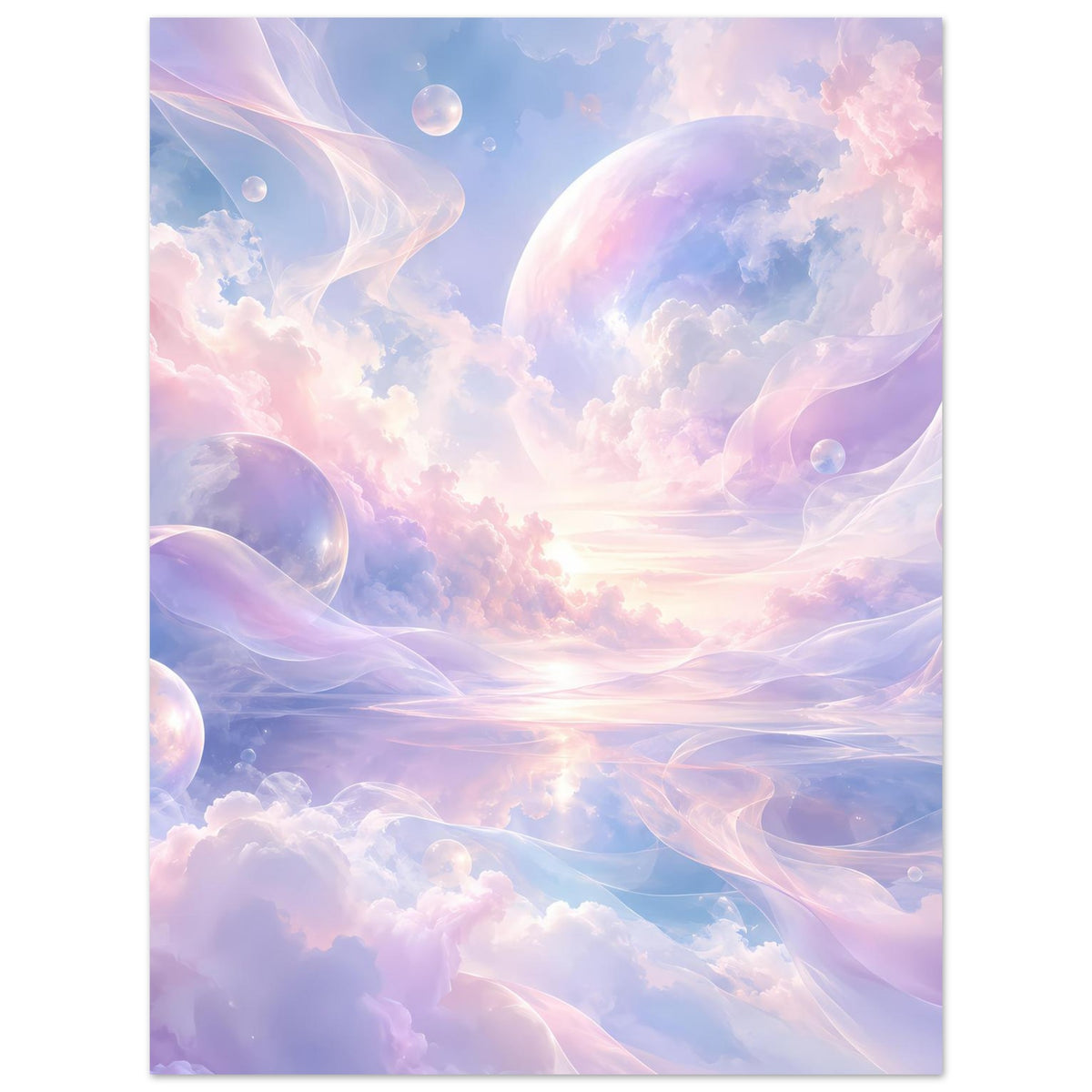 Poster mit pastelligen Wolken, großen planetenartigen Kugeln und zartem Sonnenaufgang