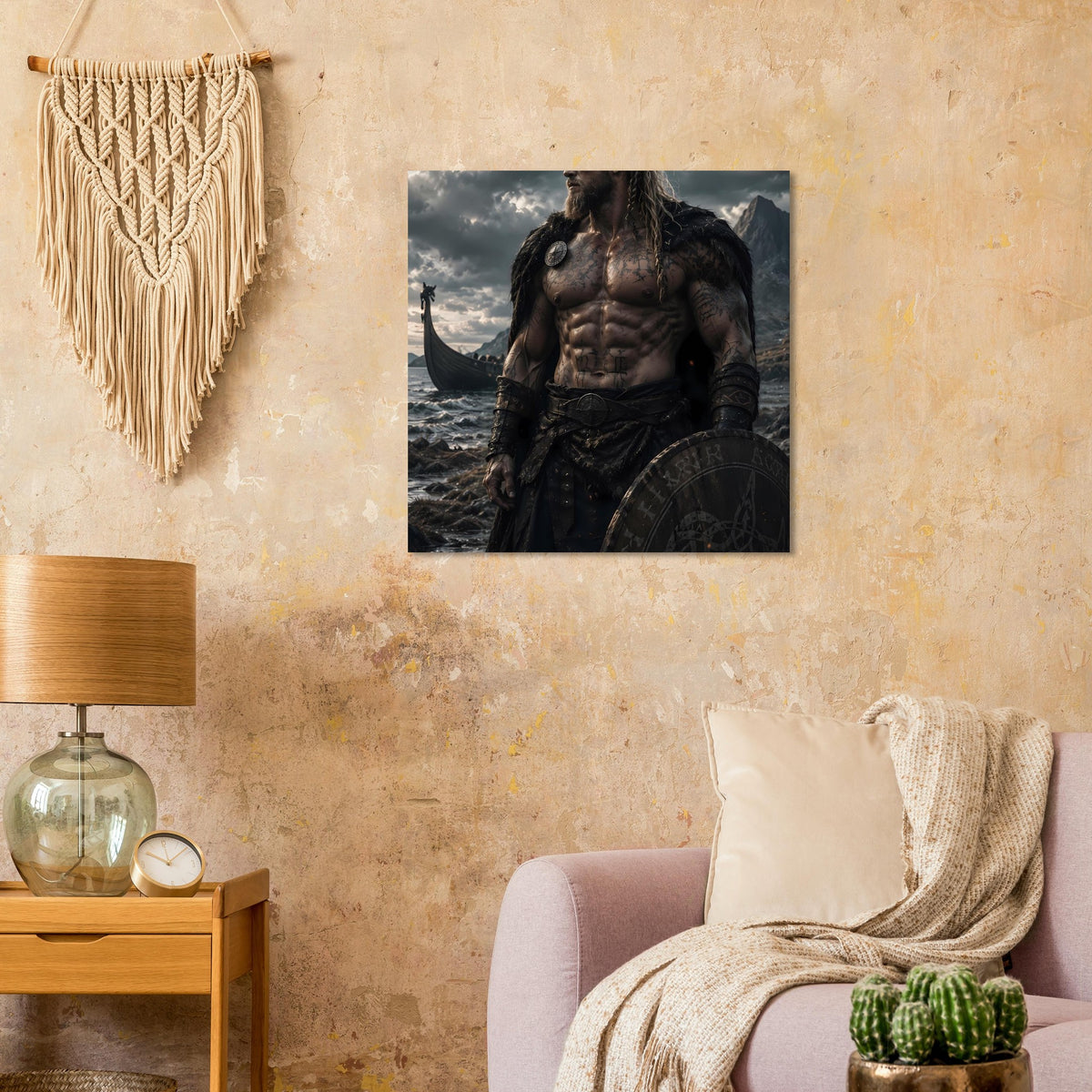 Fantasy-Poster mit Wikingerkrieger, detailliertem Brustbereich und Schild im unteren Bildteil