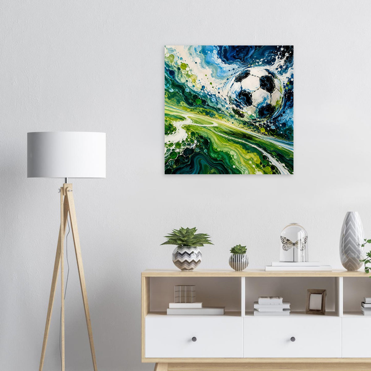 Quadratisches Fußball-Kunstposter mit abstraktem Ball in Blau, Grün und Schwarz