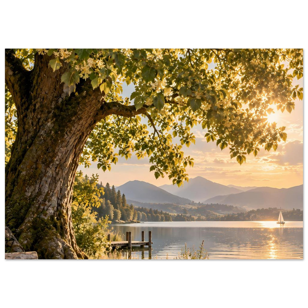 Naturposter mit Baum am See, goldenem Blätterdach, Steg und Segelboot
