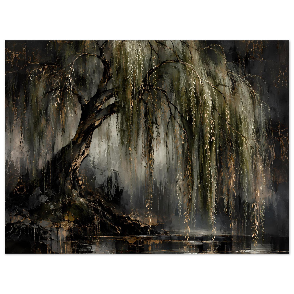 Naturposter: Trauerweide mit goldenen Tönen, Wasseroberfläche mit Spiegelung