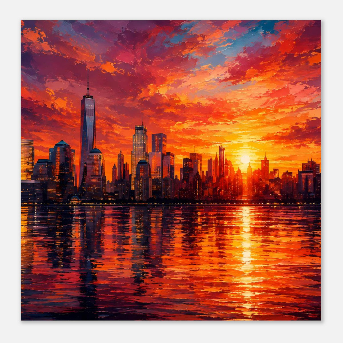 Poster mit New-York-Skyline und One World Trade Center, Sonnenuntergangslicht und reflektierendes Wasser