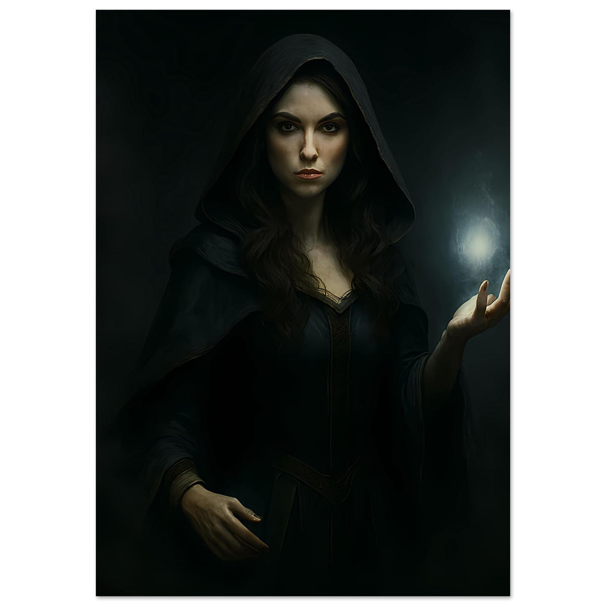 Dunkles Fantasy-Kunstprint: Frau in dunklem Umhang mit Kapuze und leuchtendem Objekt