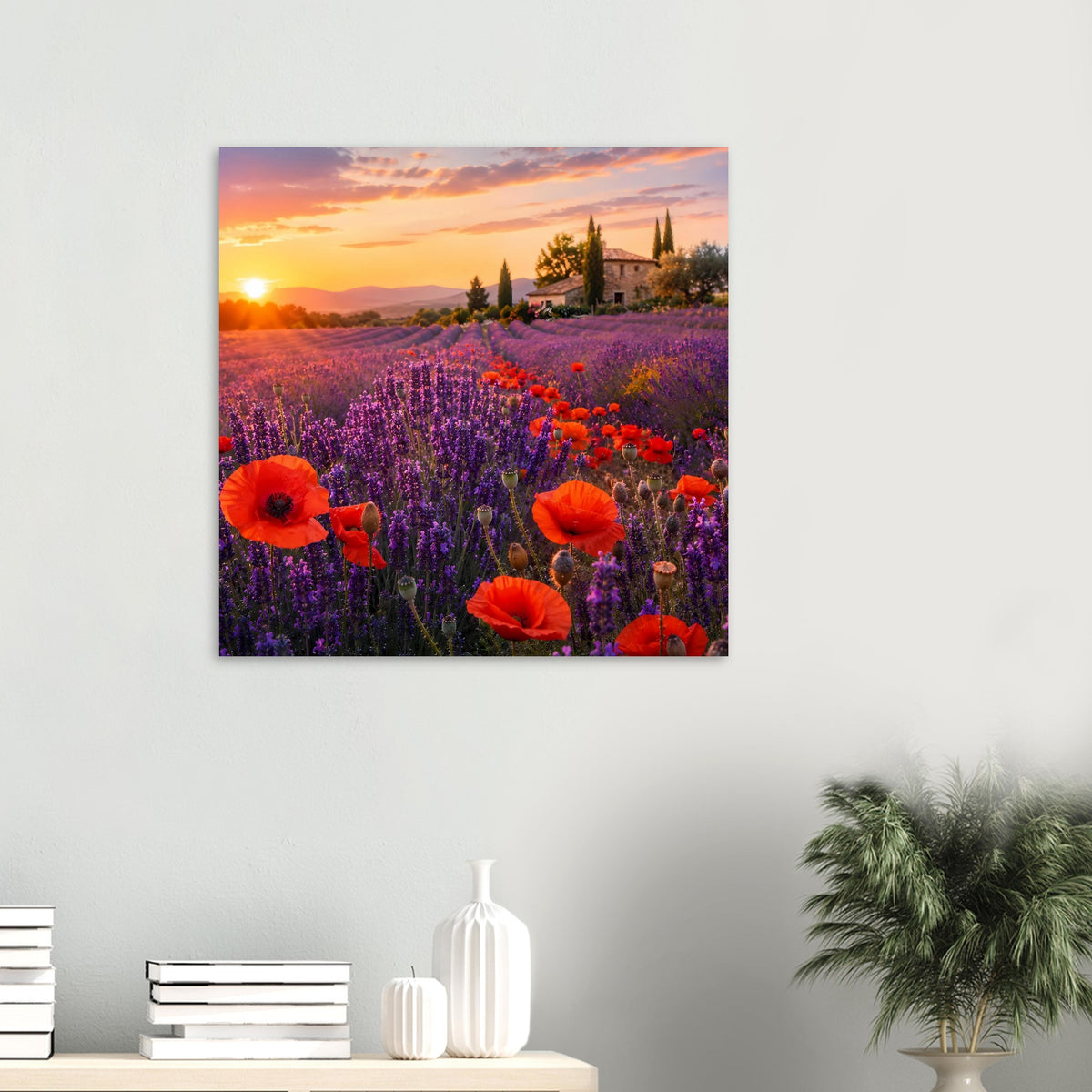Quadratisches Poster mit Lavendelfeld, roten Mohnblumen und Sonnenuntergang, im Rahmen