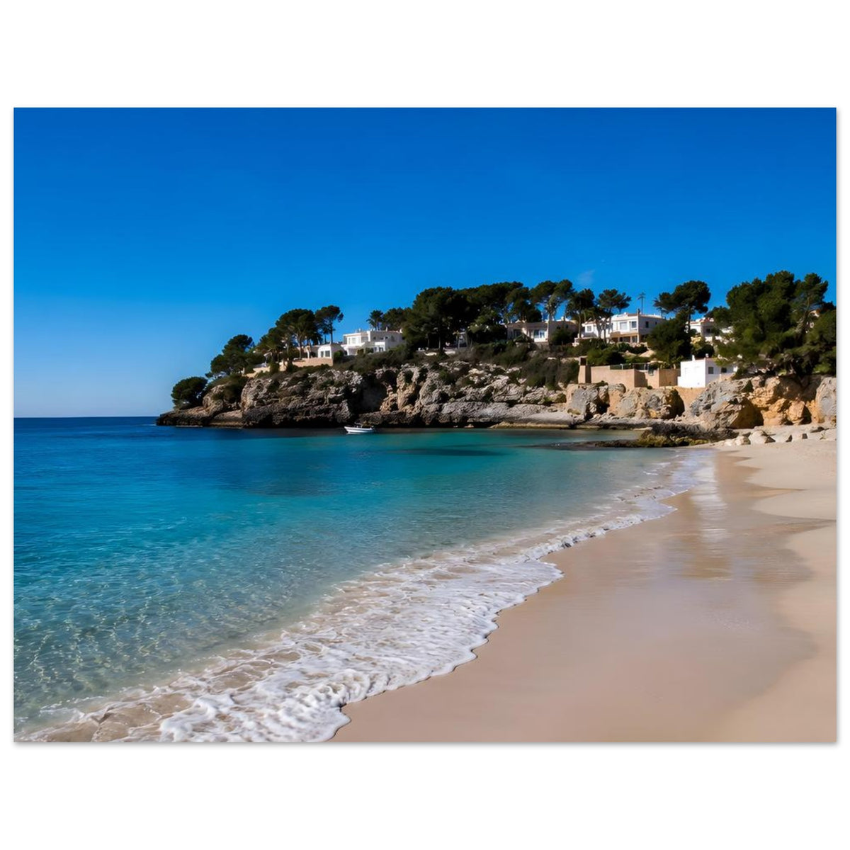 Horizontales Poster mit türkisblauem Meer, Sandbucht, Felsküste und mediterranen weißen Häusern