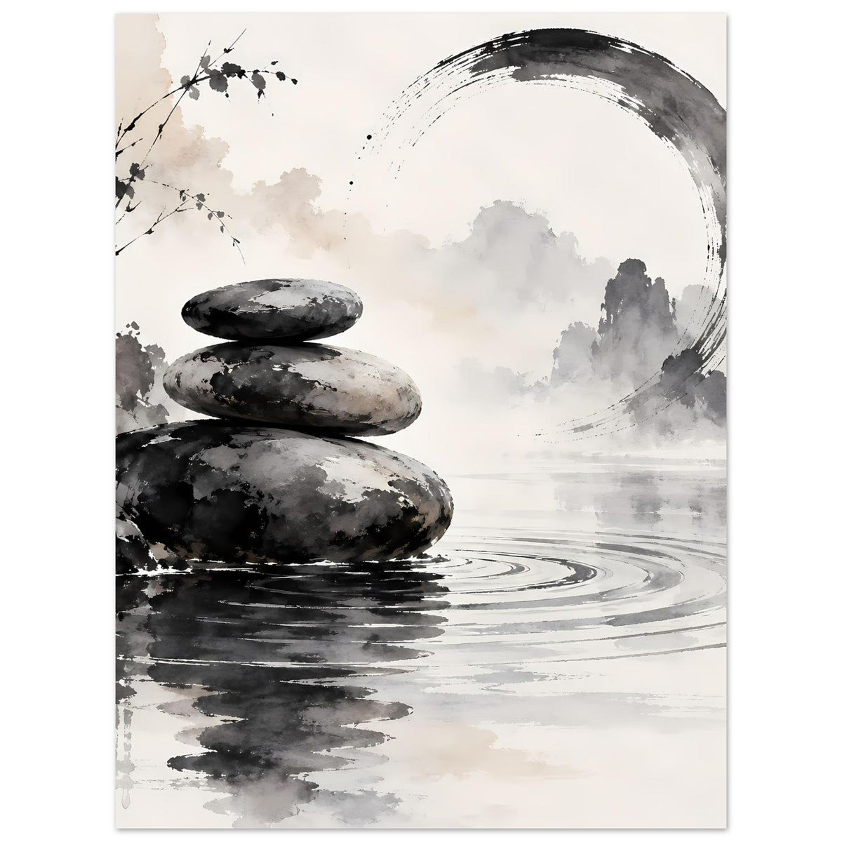 Poster im Zen-Look: drei schwarze Steine auf Wasser, Pinselkreis und dezente Wolken