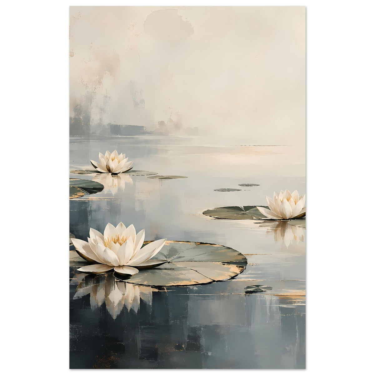 Poster im Hochformat mit drei Seerosen und Spiegelungen auf beigem, blaugrauem Wasser