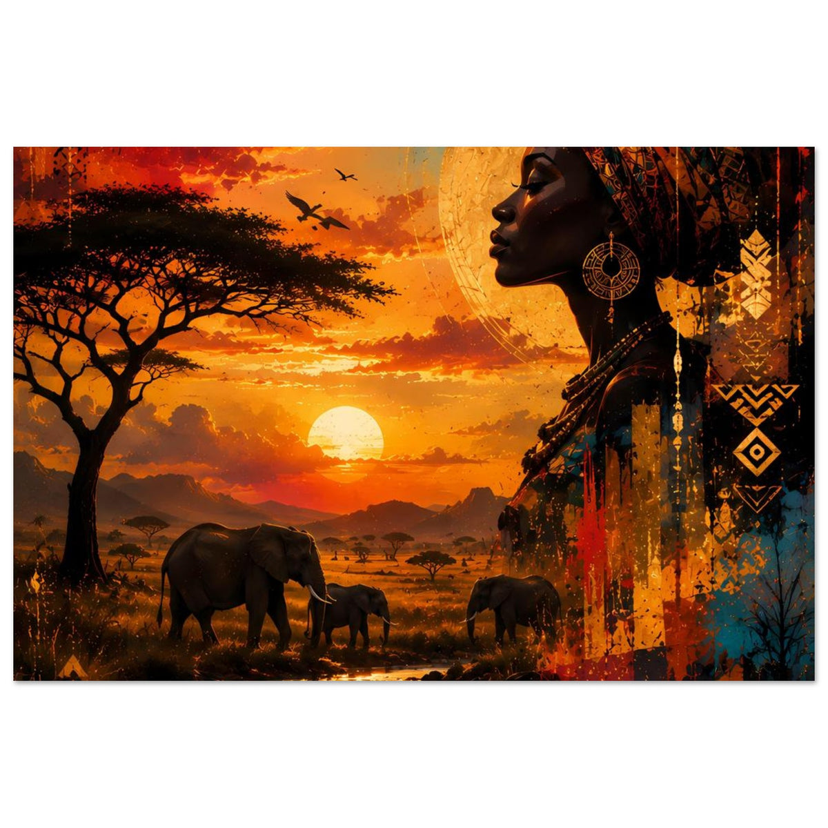 Poster mit Frau im Profil und Kopftuch, Elefanten in der Savanne, Sonnenkreis am Horizont