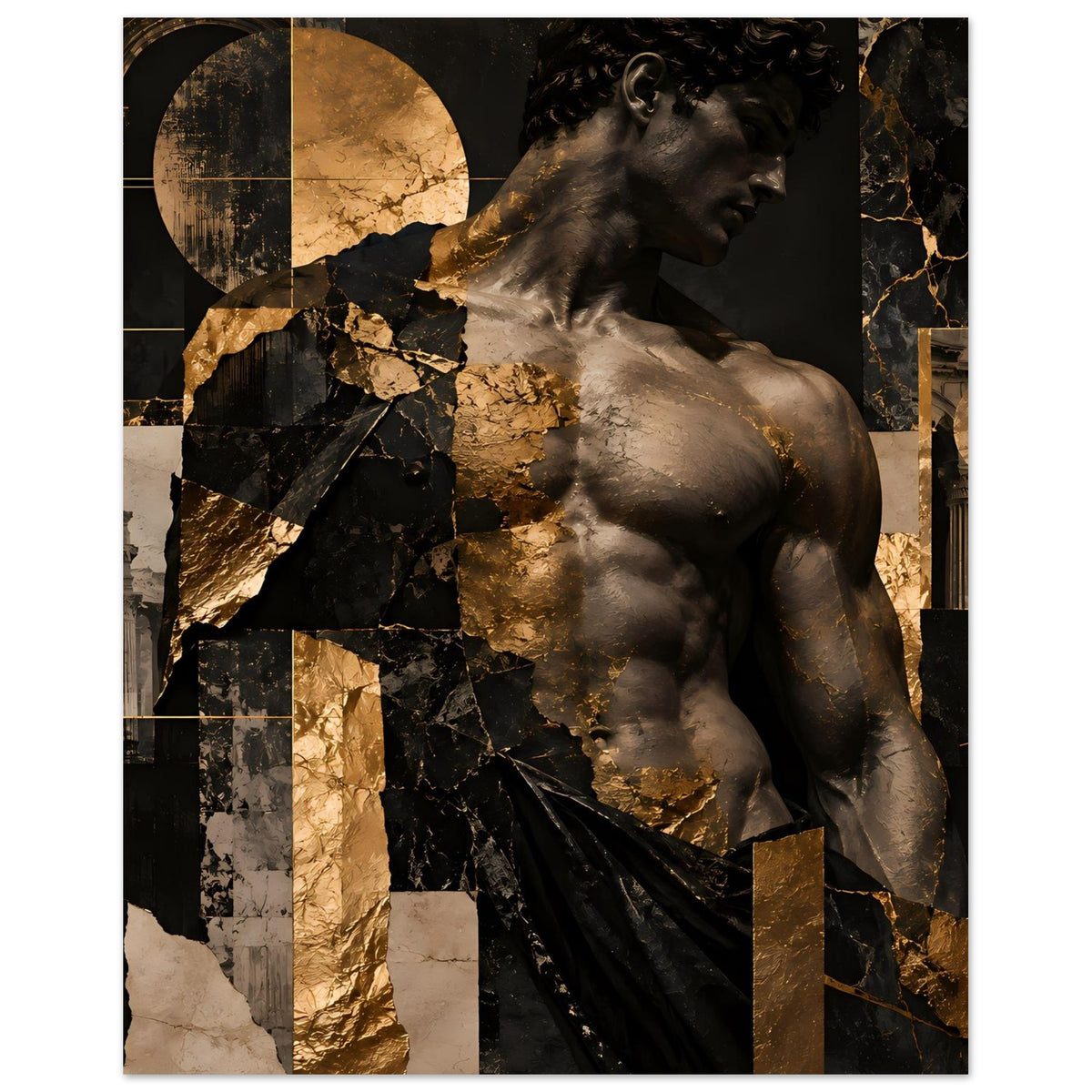 Kunstposter mit antiker Statue und goldenem Ornamentelement, dunkle Farbflächen