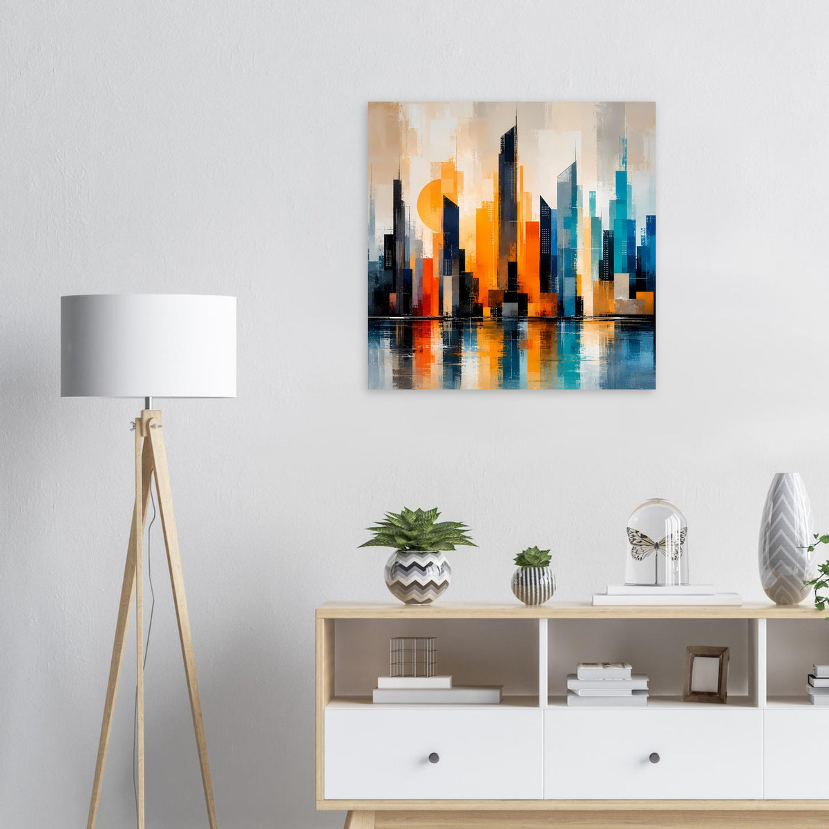 Abstraktes Skyline-Poster in Orange und Türkis mit Spiegelung am Wasser, rechteckig.