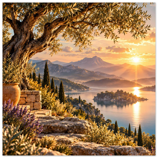 Poster im Querformat: Sonnenuntergang über See, Berge, Zypressen und Steinterrasse