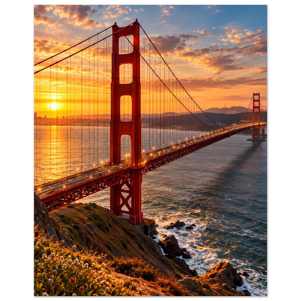 Vertikales Poster der Golden Gate Bridge bei Sonnenuntergang, Ufer mit Pflanzen vorn