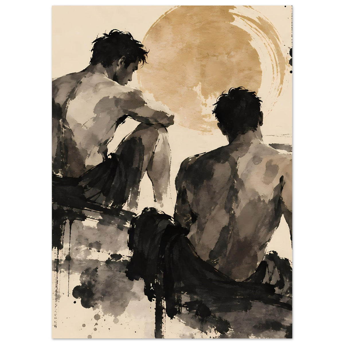 Kunstdruck mit zwei Figuren, Sepia-Hintergrund und schwarzen, texturierten Pinselstrichen