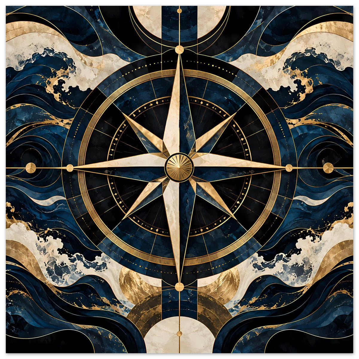 Horizontales Navigationsposter mit Kompassrose, goldenen Kreisen und Wellen in Blau