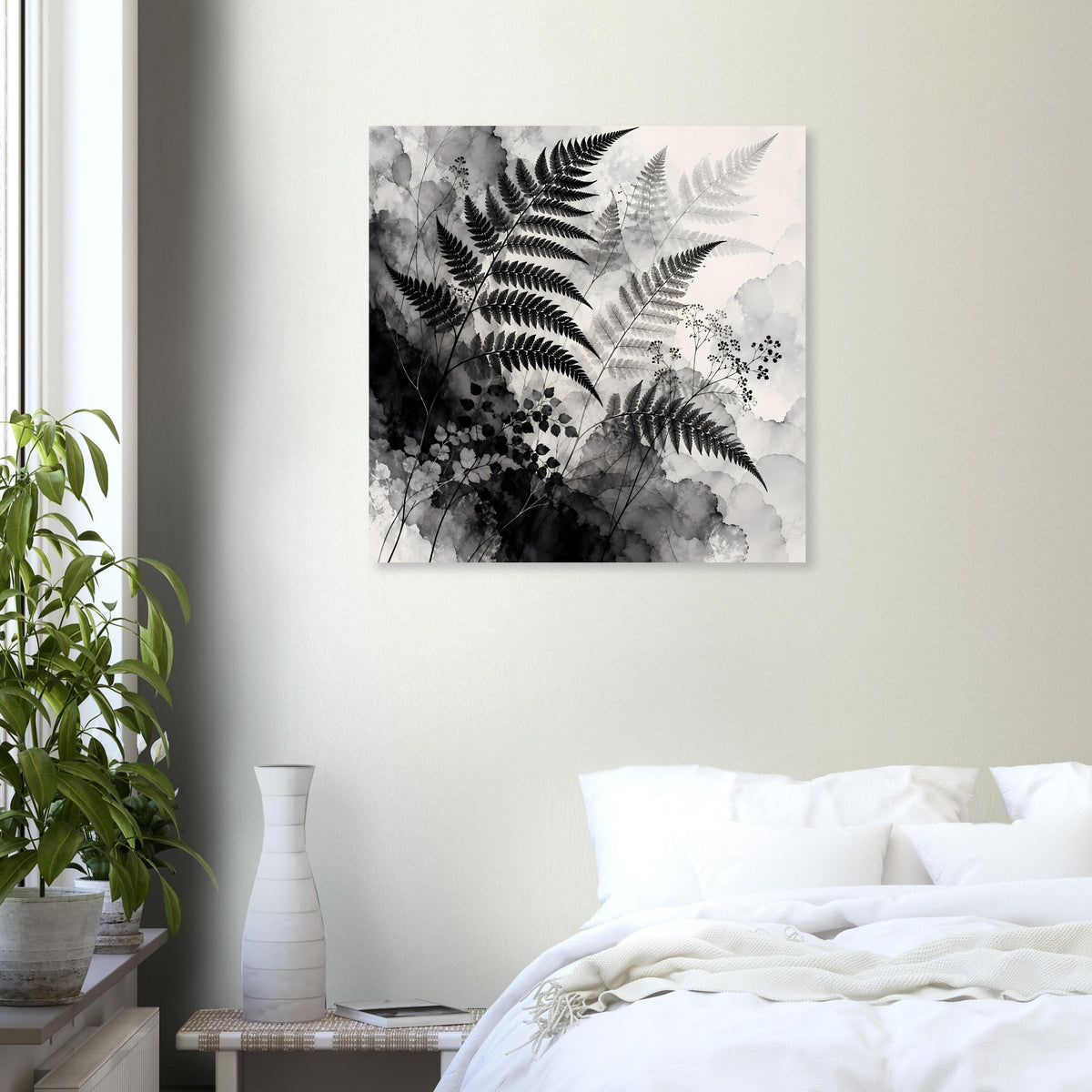 Schwarz-Weiß-Farnkunstposter, quadratisch, mit Wolken-Optik und filigranen Blattstrukturen