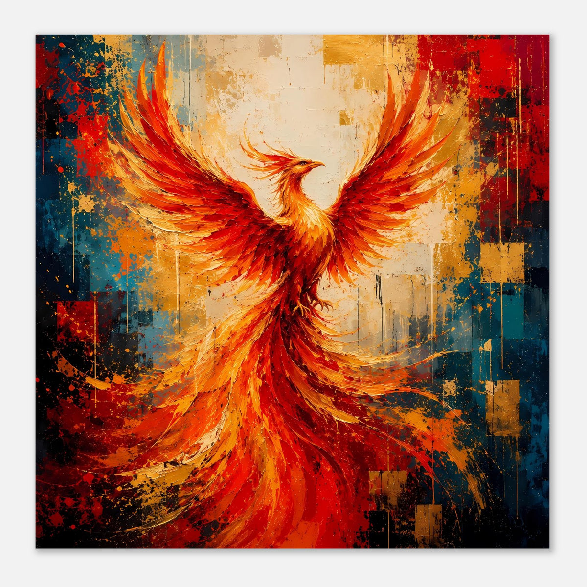 Phönix-Poster mit Flügeln in Orange-Rot, zentriertes Motiv und gesprenkelter Optik