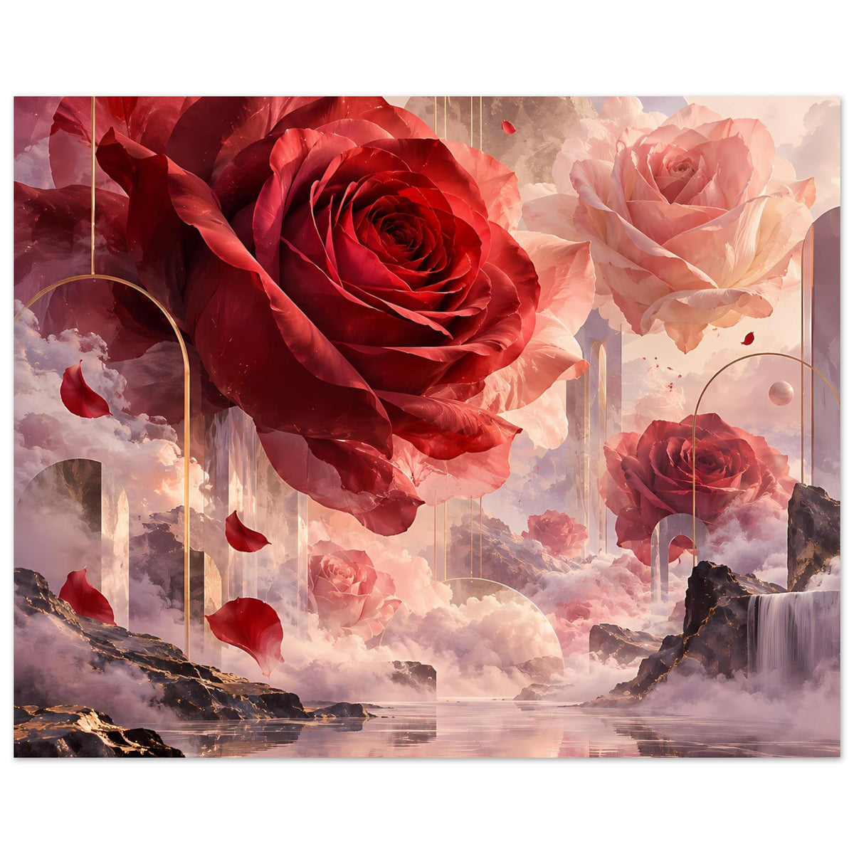 Poster mit surrealen roten und roséfarbenen Rosen, Landschaftsmotiv