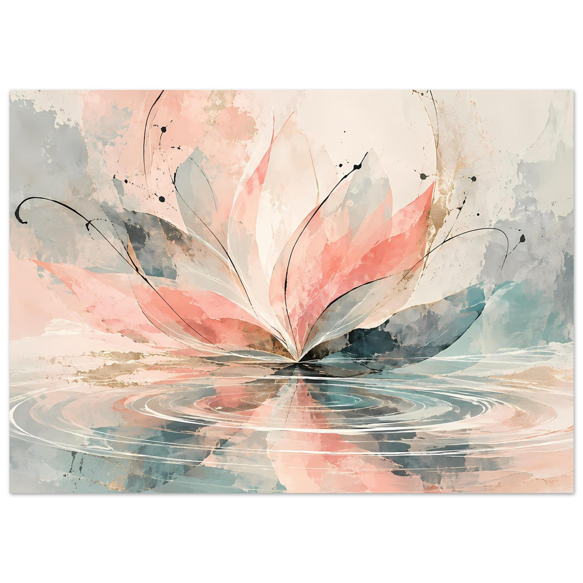 Aquarellblüten-Kunstposter mit großen Blütenblättern in Rosa, Blau- und Grautönen, abstrakt
