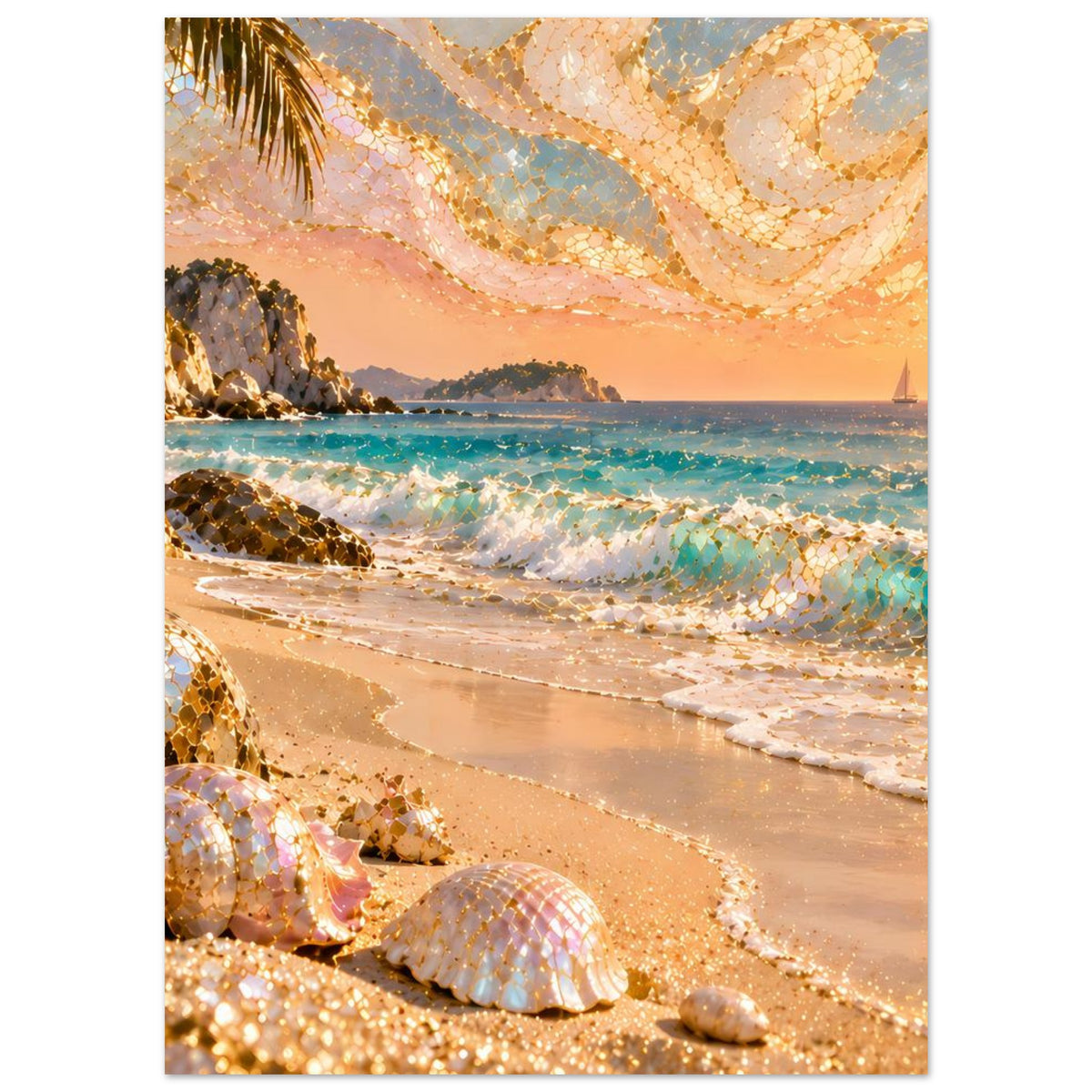 Vertikales Poster mit Strand-Sunset, Palmblatt im Bild und goldenen Mosaikakzenten