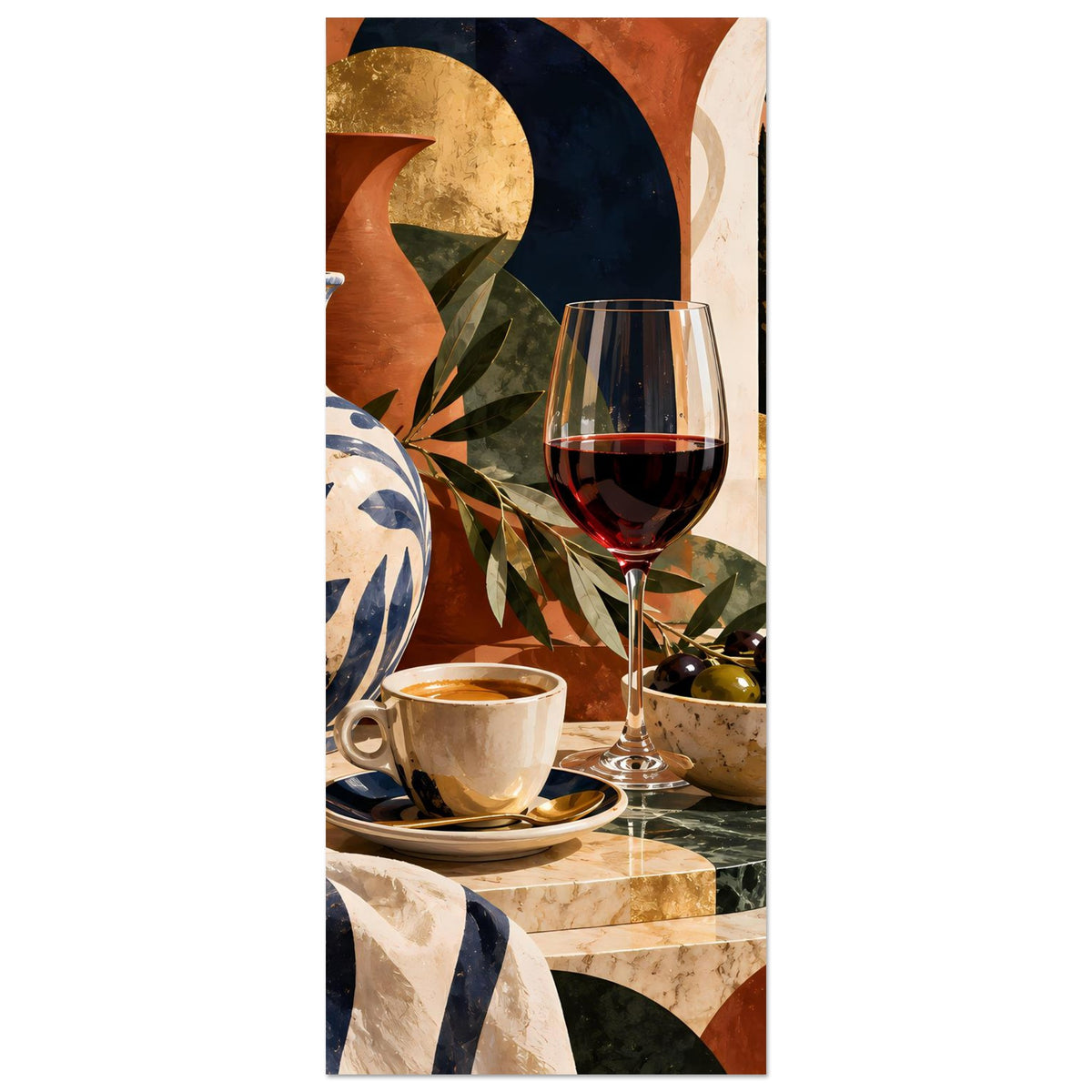 Mediterranes Stillleben-Poster (Ausschnitt) mit Weinglas, Tasse und Schale mit Oliven