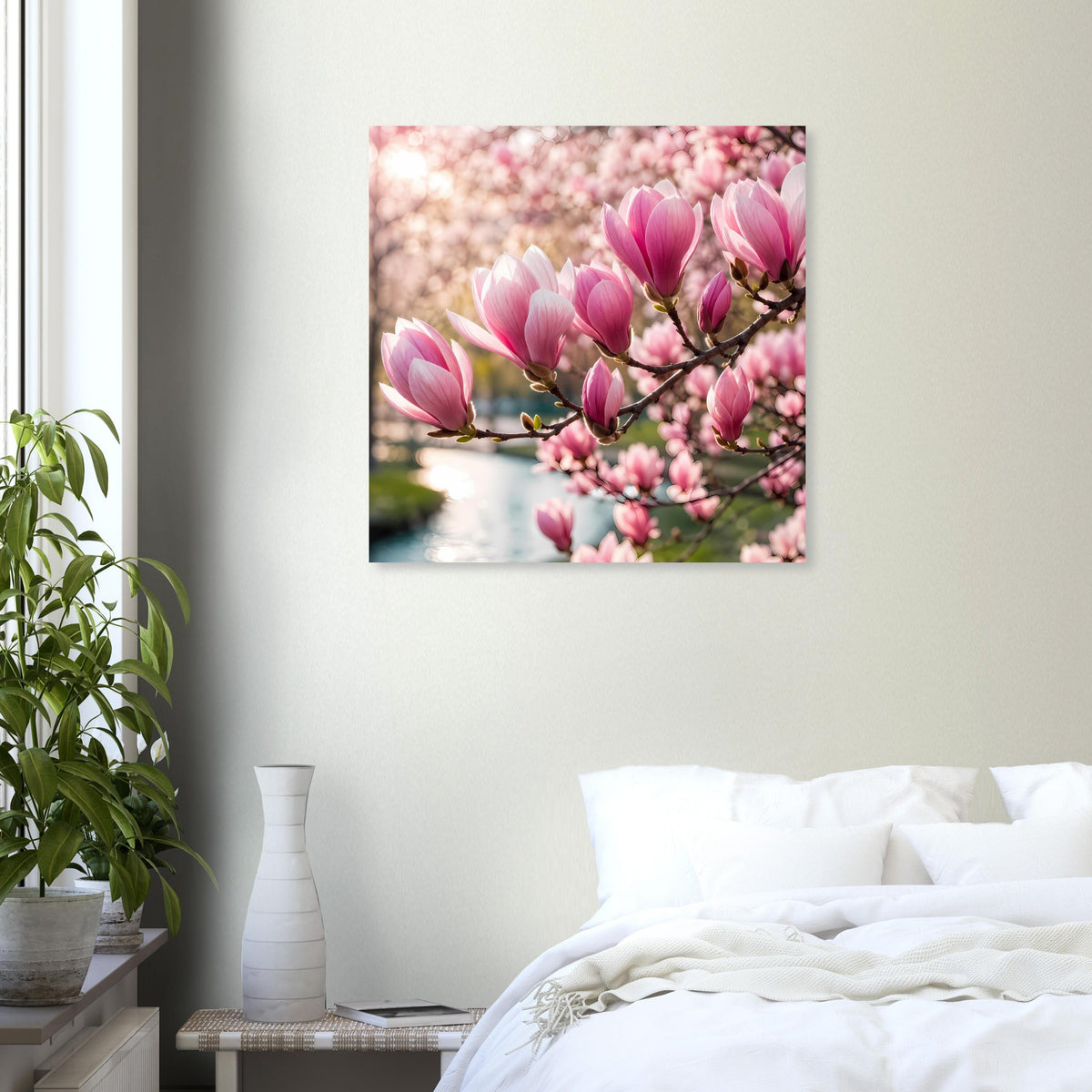 Quadratisches Blumenposter mit rosa Magnolienblüten an einem blühenden Zweig
