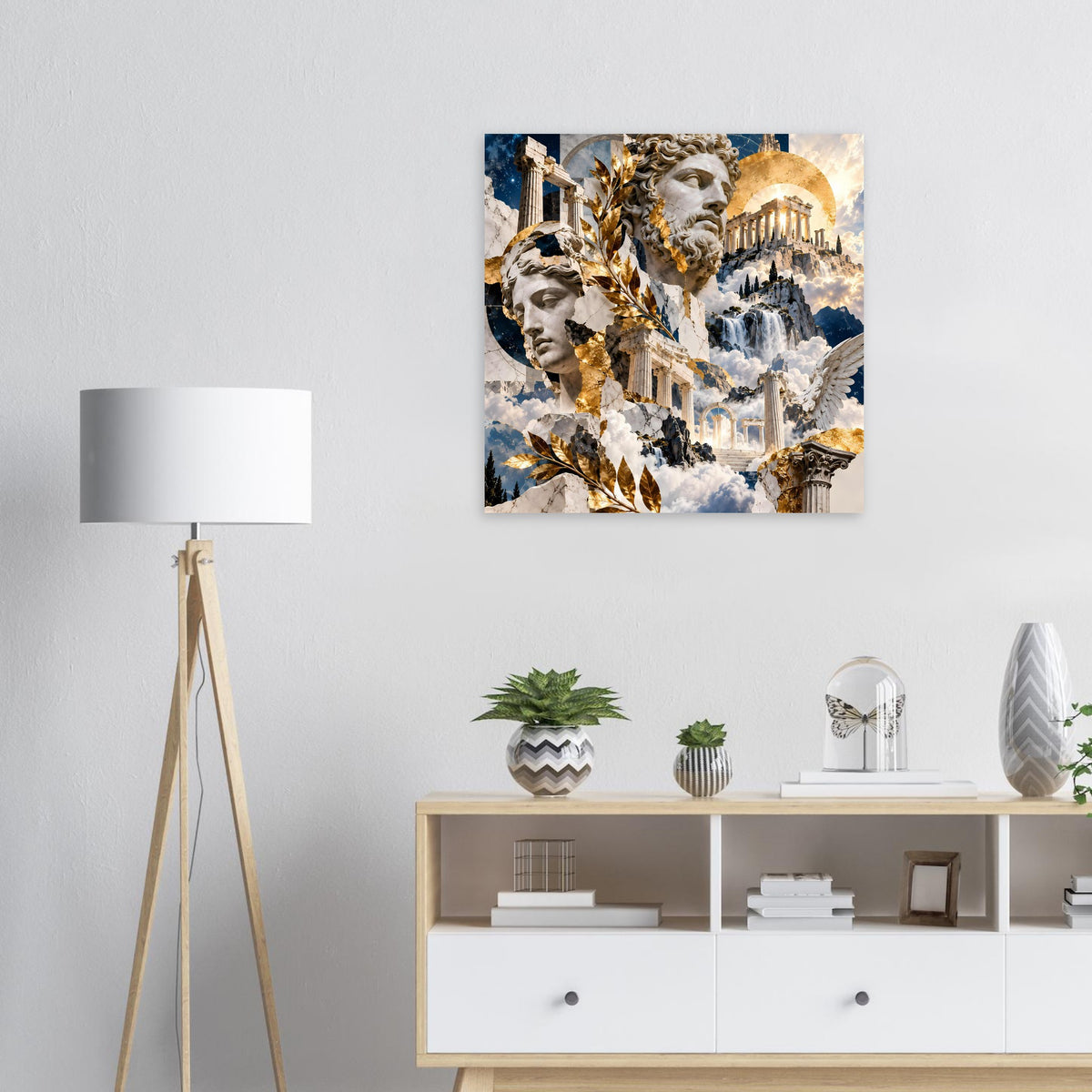 Wandposter mit griechischer Mythologie-Kollage: antike Büsten, Goldornamente, Wolken