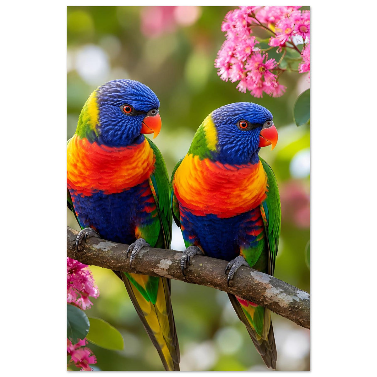 Vertikales Poster: zwei Regenbogenlori-Lorikeets auf Ast, umgeben von rosa Blüten