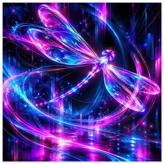 Querformatiges Fantasy-Neon-Libellenposter mit magenta- und blau leuchtenden Flügeln