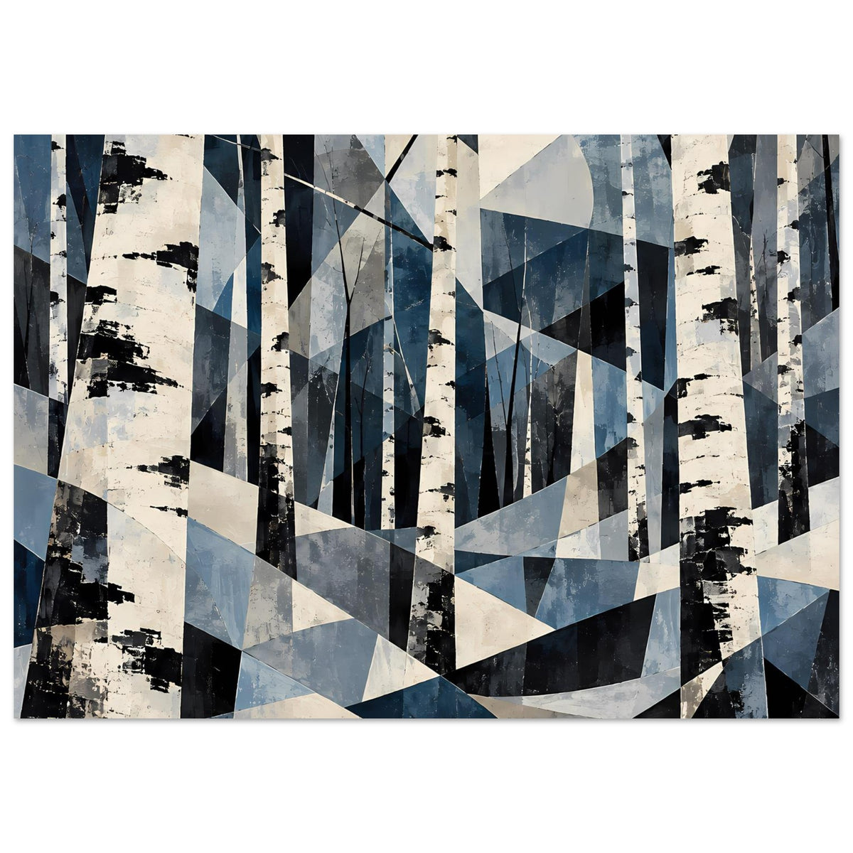 Abstraktes Birkenwald-Naturposter in Blau mit geometrischen Dreiecken und Linien