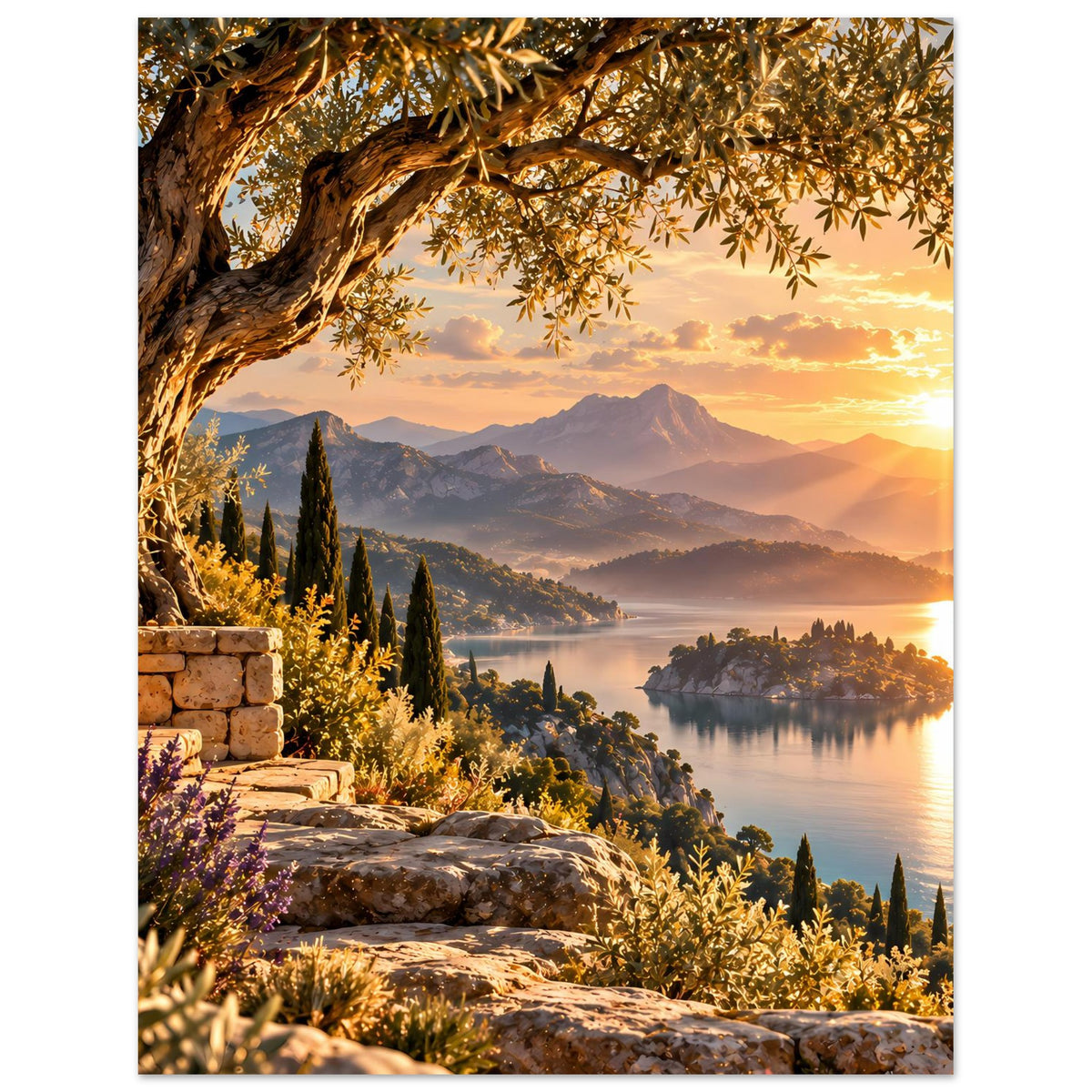 Vertikales Poster: mediterranes Bergpanorama bei Sonnenuntergang, See und Zypressen