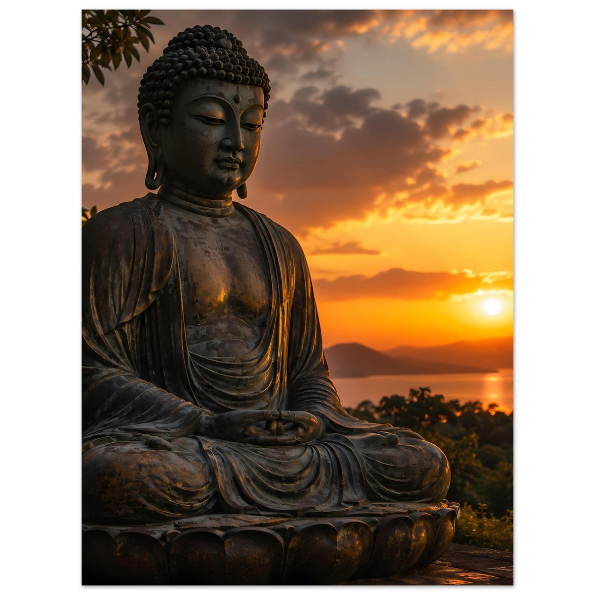 Poster mit Buddha im Lotussitz, volle Figur bis zu den Knöcheln, gefaltete Hände und Robenfalten.