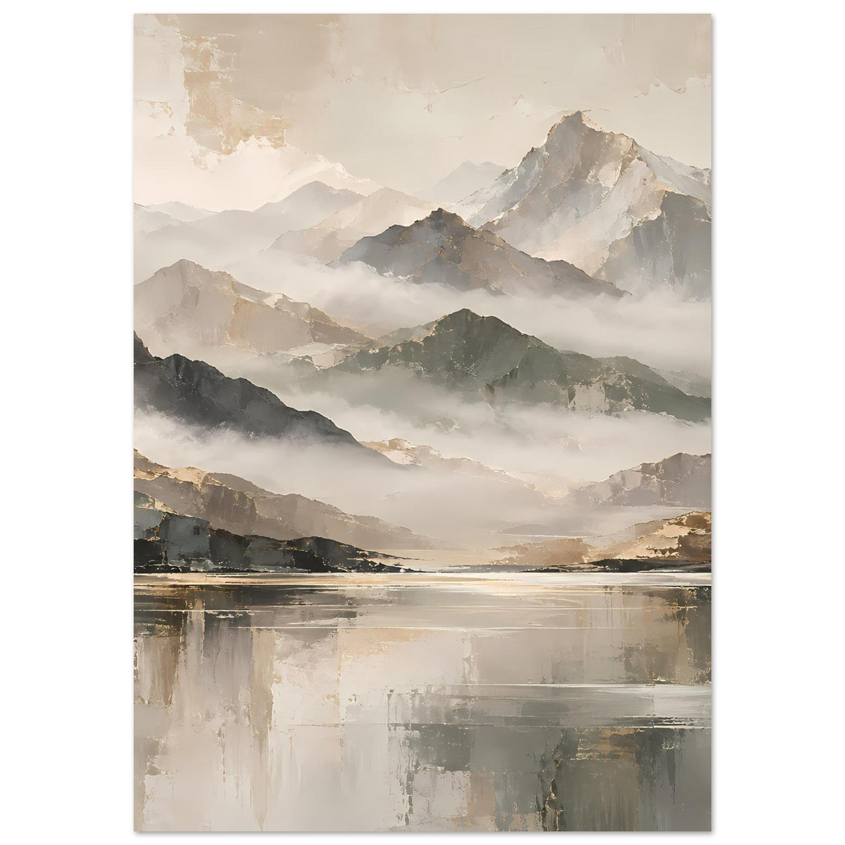 Naturposter im Hochformat: Berge mit Nebelschleiern und See, Beige-/Goldfarbpalette