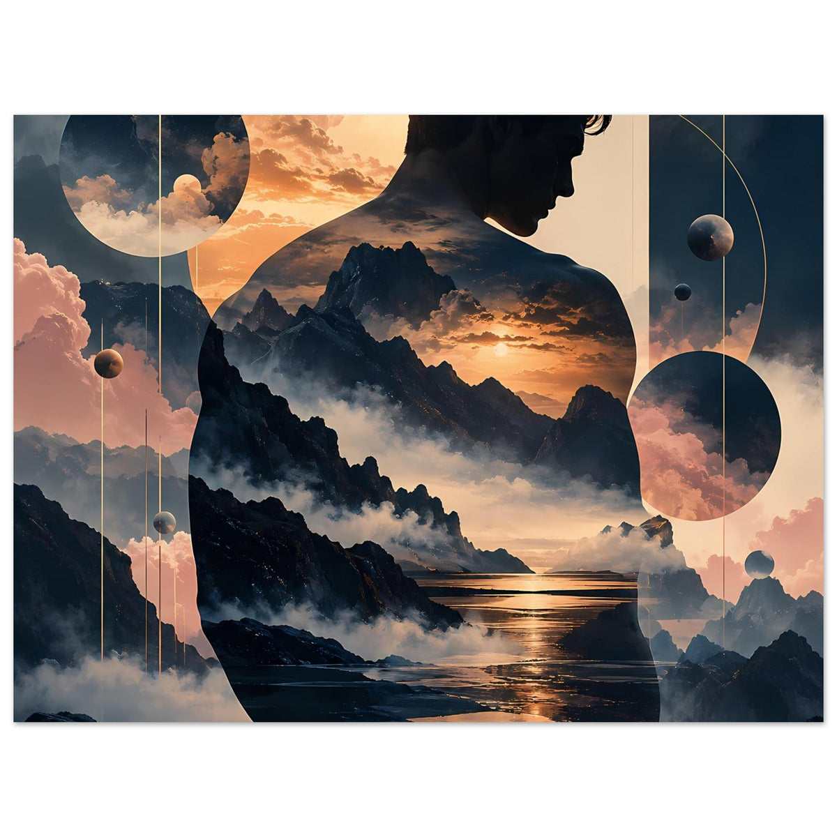 Poster im Detailausschnitt: Bergsilhouette, Profil eines Mannes, Abendsonne und Planeten