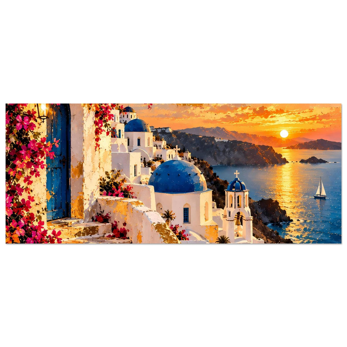 Querformat-Poster Santorini: weiße Stufenanlage, pinke Blumen, blaue Kuppel und goldener Himmel