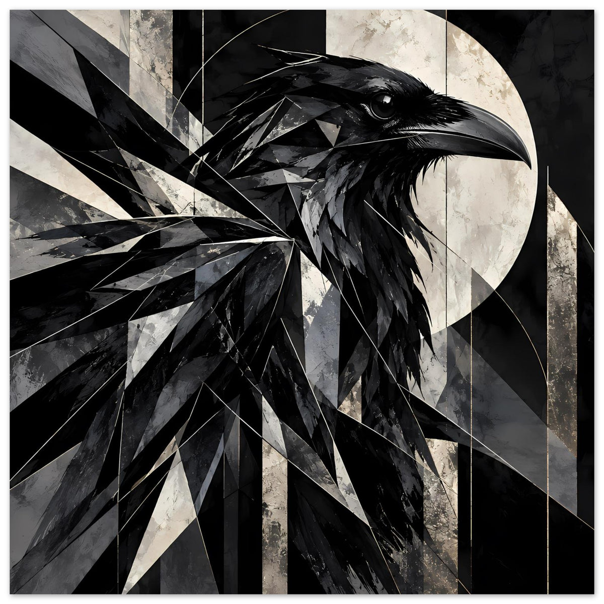 Kunstposter mit Rabenkopf und Flügeln aus Dreiecken, schwarz-weiße Grafik im Querformat