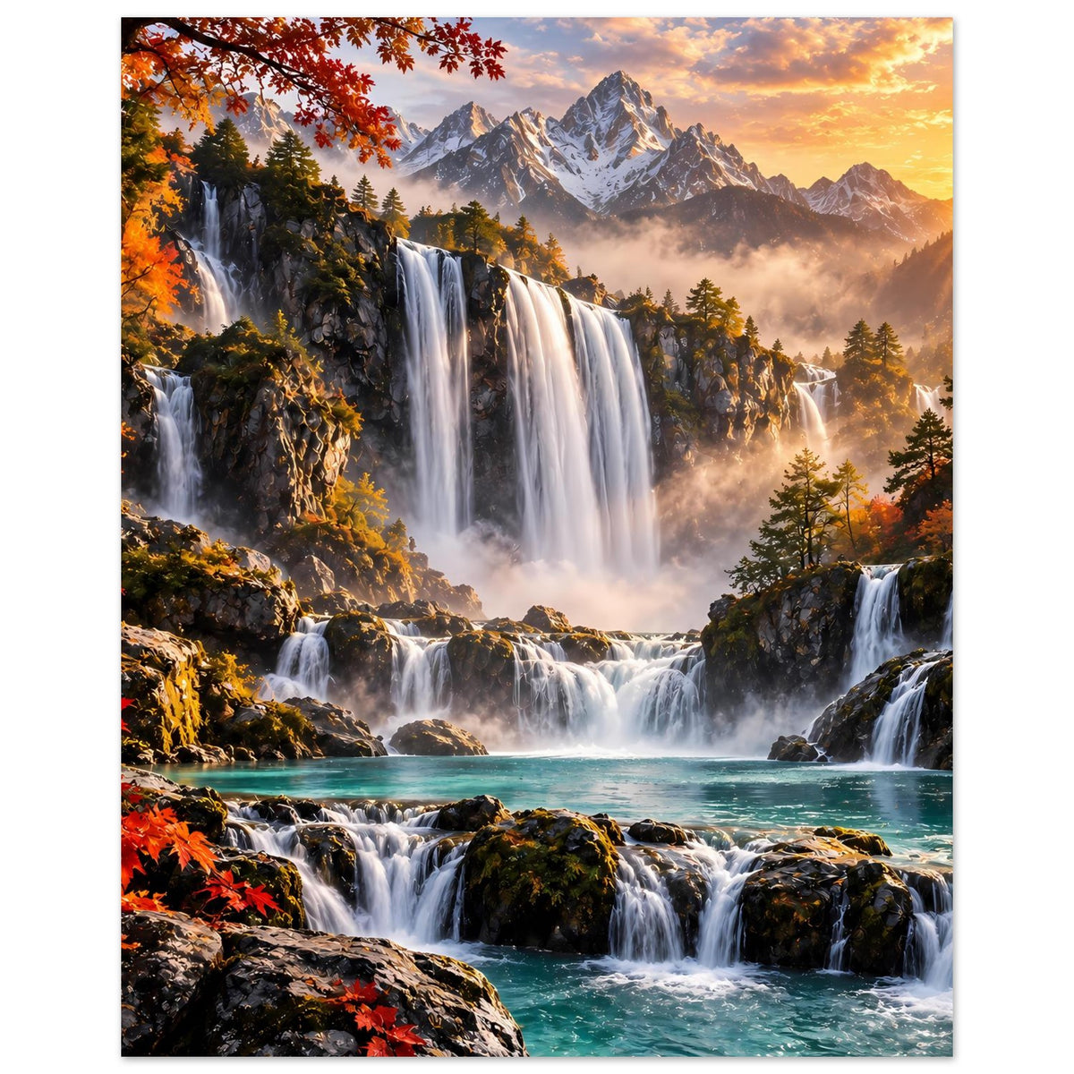 Poster im Hochformat: Wasserfälle, Herbstwälder, türkisfarbener Fluss und Berggipfel