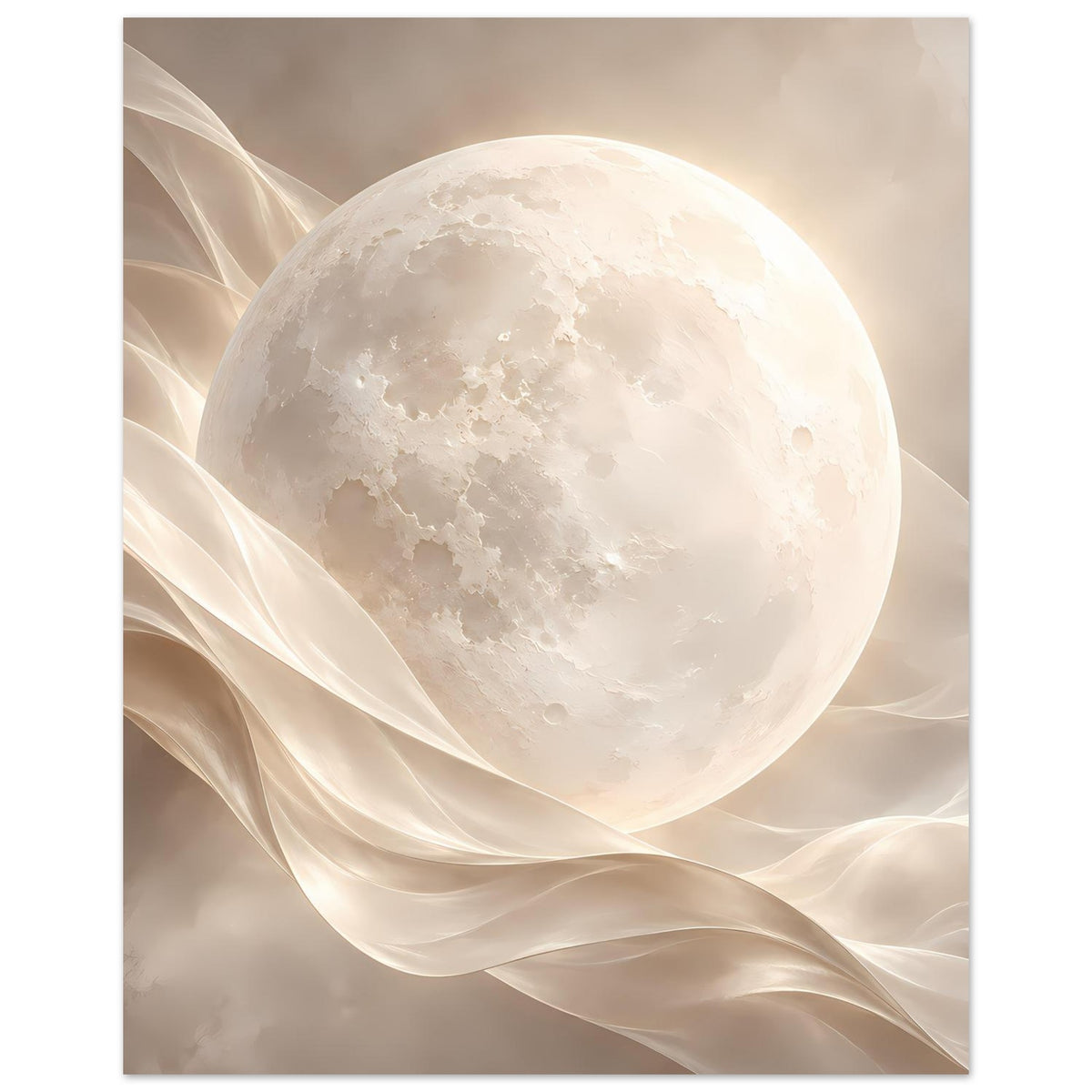 Poster im Hochformat mit leuchtendem Vollmond und geschwungenen Stoffbahnen in sanftem Beige