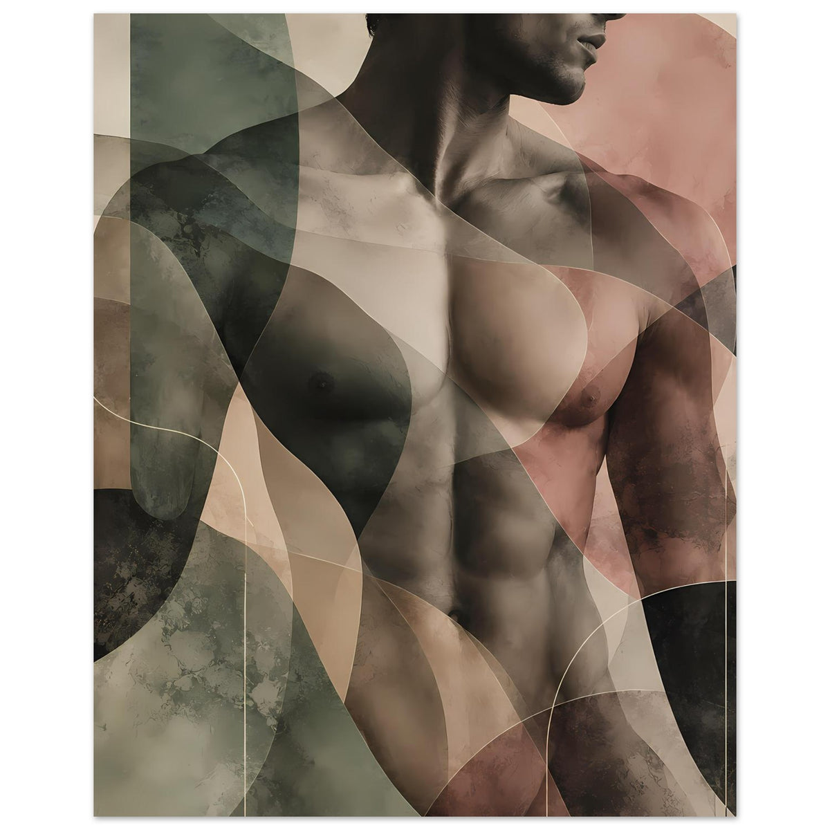 Kunstdruck mit abstraktem Akt, Halbprofil, grün-beige Flächen und rötliche Akzente