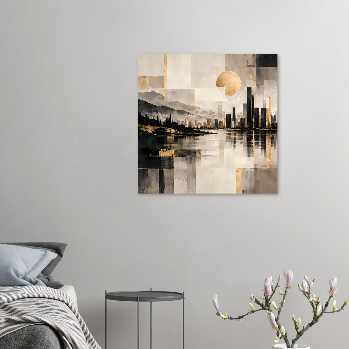 Kleines Stadtposter mit goldener Sonne, dunkler Skyline und Flussspiegelung im Design