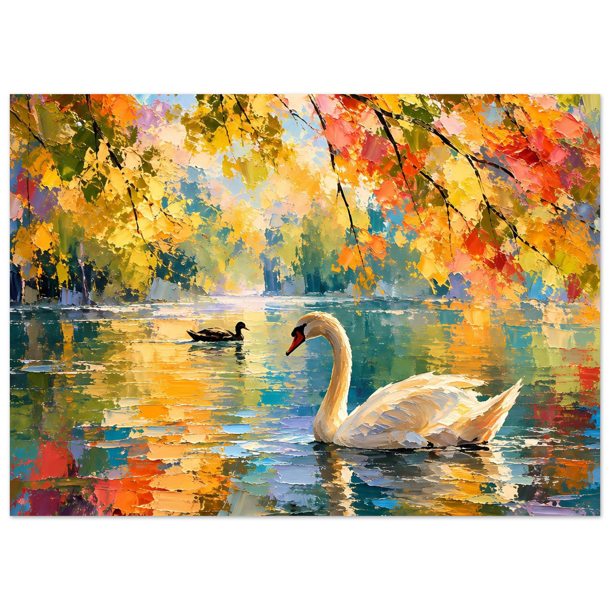 Querformat-Poster mit weißem Schwan auf Wasser und Herbstfarben in satten Pinselstrichen