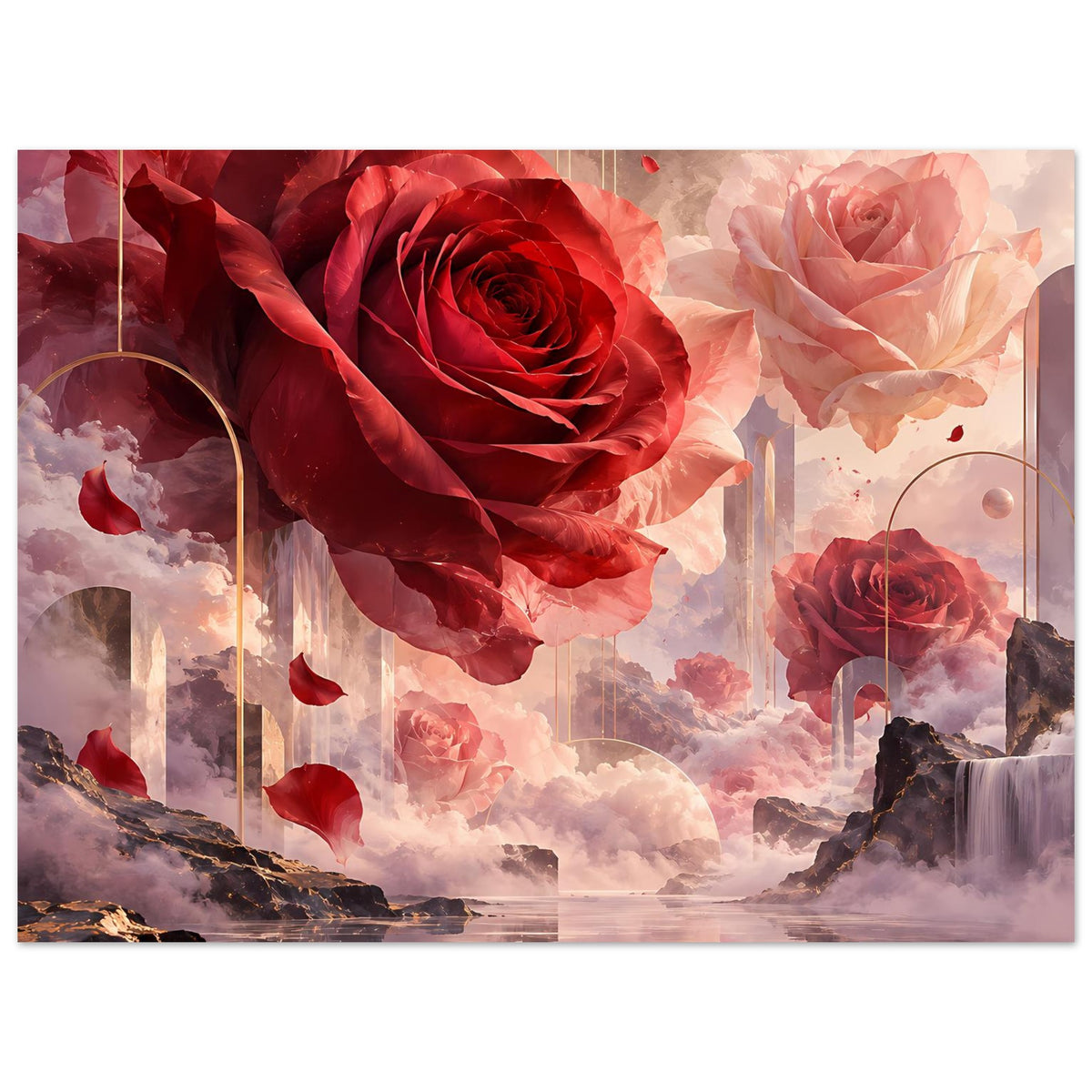 Kunstposter mit roter Rose und rosafarbener Blüte, Himmelswolken und Flusslandschaft