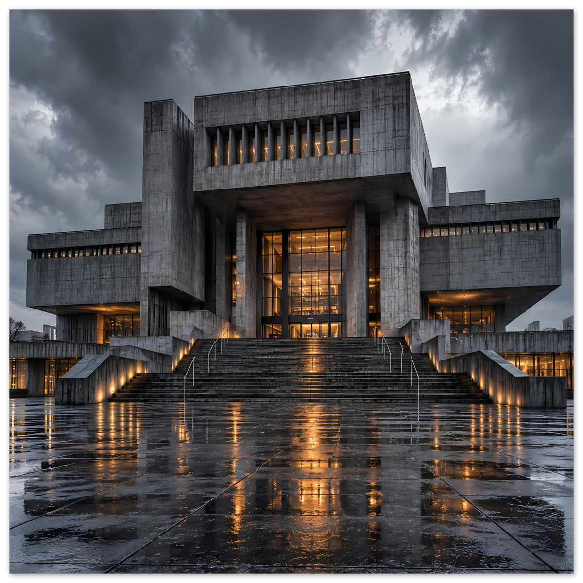 Urbanes Architekturposter: Betonbau mit Treppe, Fensterschlitzen und warmem Leuchten